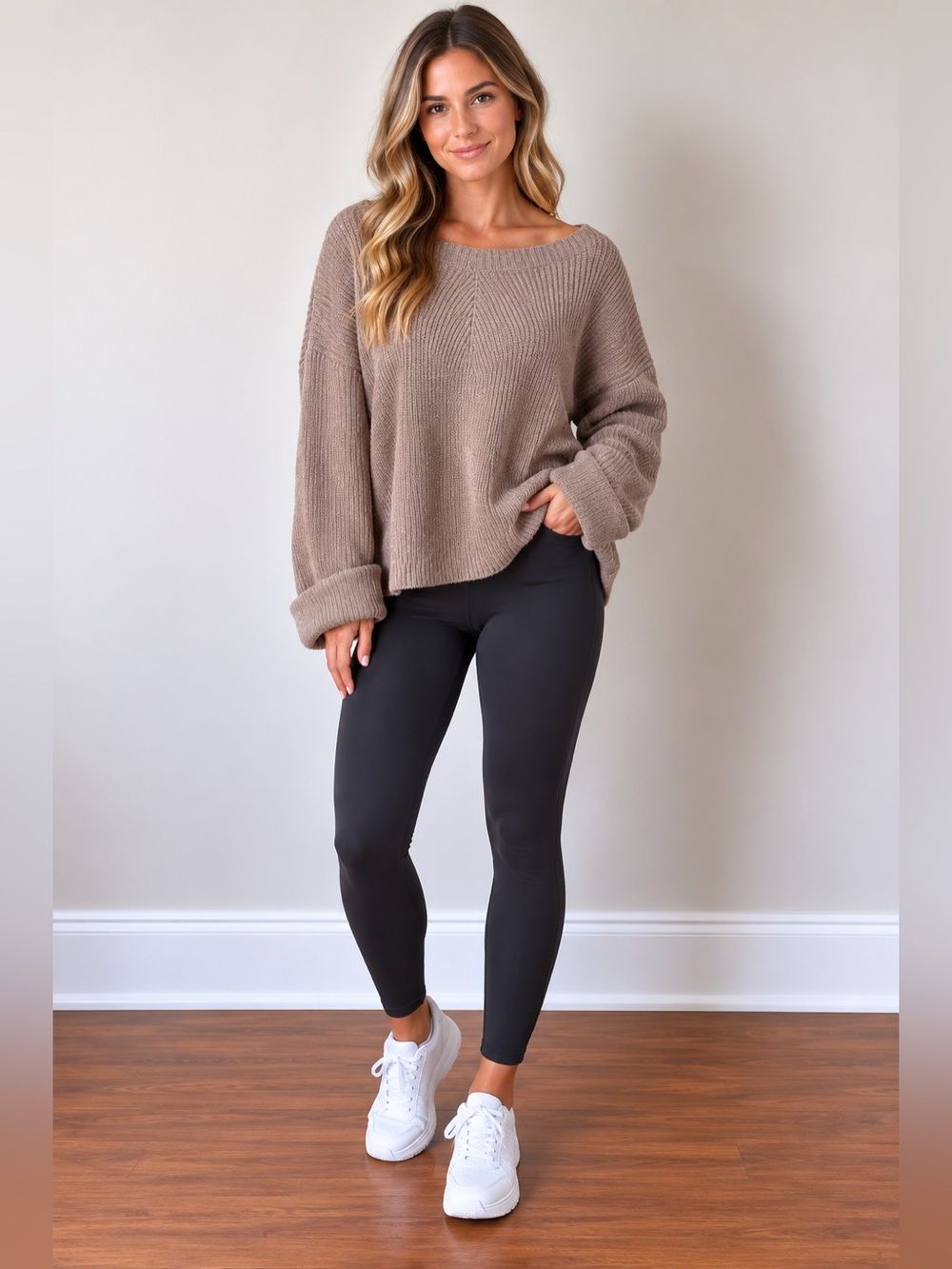 OAK + FORT Women's Ribbed Crewneck Sweater in Taupe